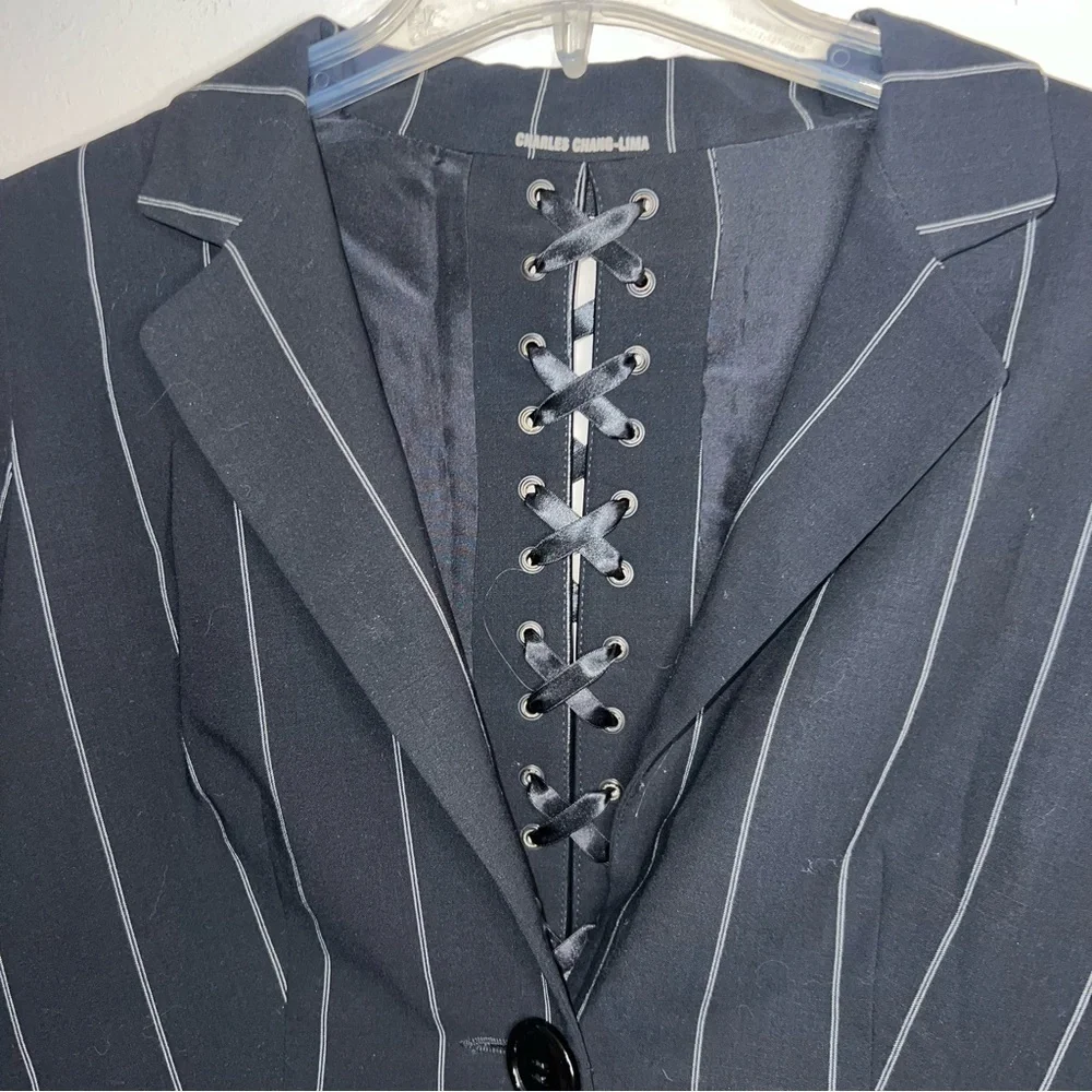 Charles Chang Lima Rare Goth Style Wool Blazer Shoelace Back Silk Lining Size 8